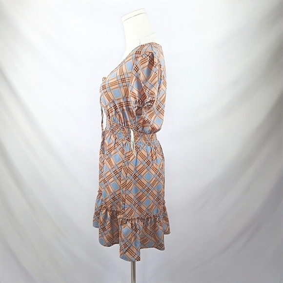 NWT BeBop Blue And Tan Plaid Smocked Waist Mini Dress Puff Sleeve S Retro Print - Picture 3 of 5